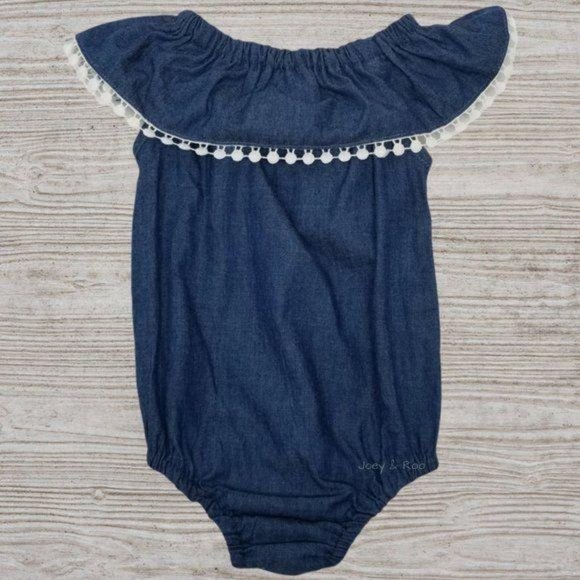Chambray Ruffle Pom Pom Bodysuit Short Sleeve - Picture 1 of 3